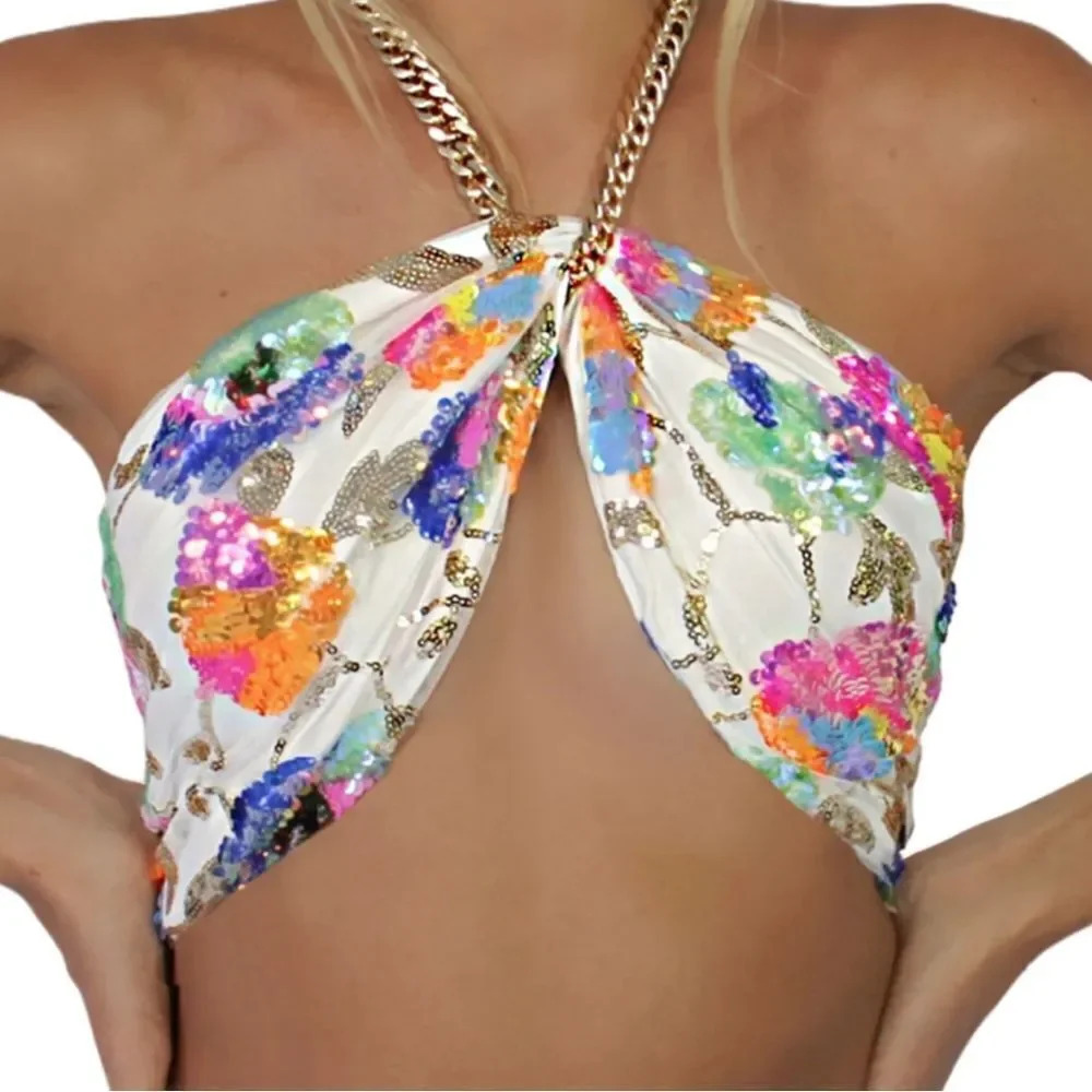 NEW! 4-in-1 Style Cropped Floral Sequin Tie Back Gold Chain Halter Top